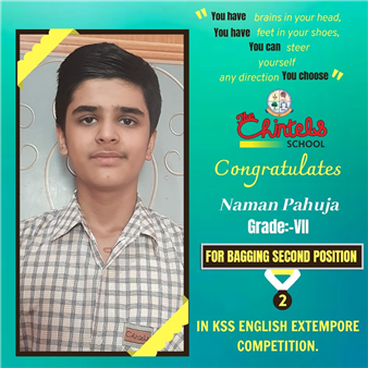 The Chintels School congratulates  Naman Pahuja of Grade VII for bagging Second Position in KSS English Extempore Competition.
