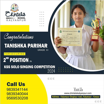 Heartiest Congratulations for the top notch performance !!  “Where words fail , Music speaks.”  Giving out her best, Tanishka Parihar Grade XIof The Chintels School, Kalyanpur clinched the SECOND position at KSS INTER SCHOOL SOLO SINGING  COMPETITION.   Heartiest Congratulations ❤