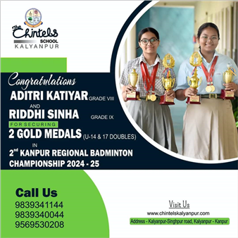 "Champions are not born in a day but with regular practice and strong determination".  Our wonder kids Adriti Katiyar and Riddhi Sinha  of Grade VIII and IX has made all of us proud by securing 2 Gold Medals in 2nd Kanpur Regional Badmintion Championship.We congratulate and wish her good luck for every single step ahead. May you always keep soaring on to greater heights.  Well done!!  Keep it up